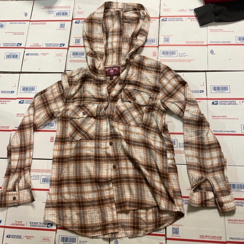 Hippie Rose Girls' Brown and Cream Plaid Hooded Button-Down Shirt